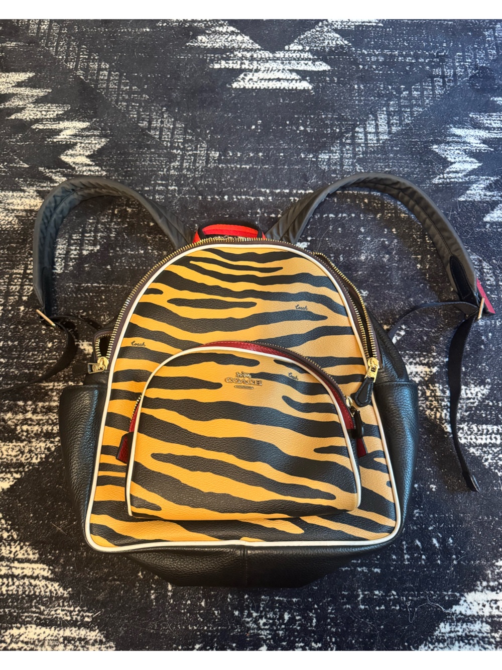 Coach Tiger-Print Leather Backpack in Black & Tan with Red Accents